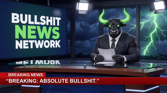 A satirical news broadcast graphic titled 'BULLSHIT NEWS NETWORK' featuring a humanoid bull anchor, with breaking news ticker reading 'BREAKING: ABSOLUTE BULLSHIT.'