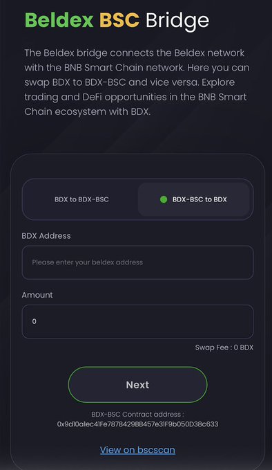 A screenshot of the 'Beldex BSC Bridge' web interface, showing options to swap 'BDX to BDX-BSC' or 'BDX-BSC to BDX', along with input fields for 'BDX Address' and 'Amount'.