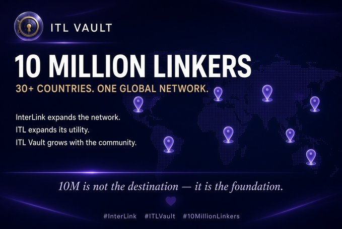 An ITL Vault promotional graphic celebrating '10 MILLION LINKERS' across 30+ countries, featuring a world map with location pins on a dark purple background.