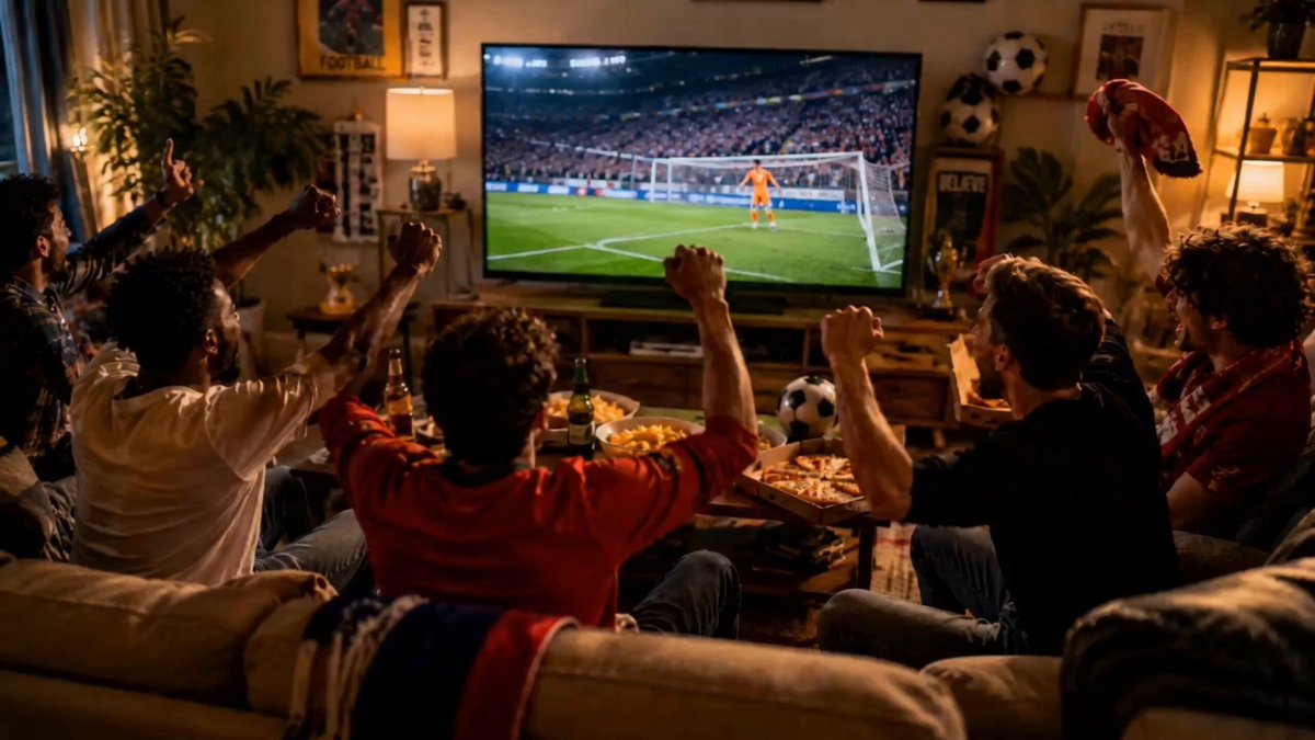 The image shows a group of people sitting together on a couch, watching a football game on television. They are all holding up their hands in excitement as they cheer for their favorite team during the World Cup. The TV screen displays the soccer match, with players from both teams actively participating and engaging in the game. The room is filled with energy and enthusiasm as everyone enjoys the thrilling event unfolding before them.