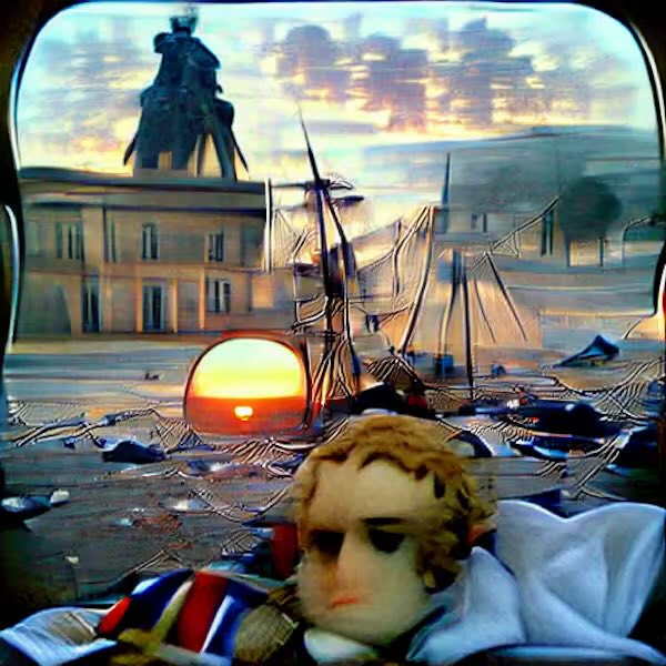 A surreal, dreamlike image showing a doll's head in the foreground, with a melting sun, a ghostly ship with torn sails, and classical buildings visible in a distorted background.