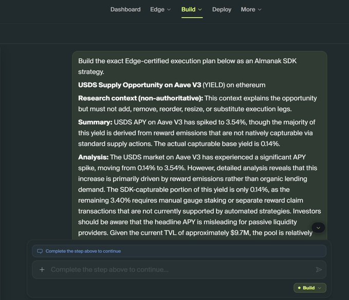 The image shows Almanak's "Build" interface displaying research on a USDS Supply Opportunity on Aave V3 (YIELD), noting USDS APY has spiked to 3.54% with only 0.14% capturable via standard supply actions. It relates to Almanak's public launch by demonstrating how users can transform strategy ideas (like this yield analysis) into code through the platform's reviewable workflow for onchain DeFi strategies.