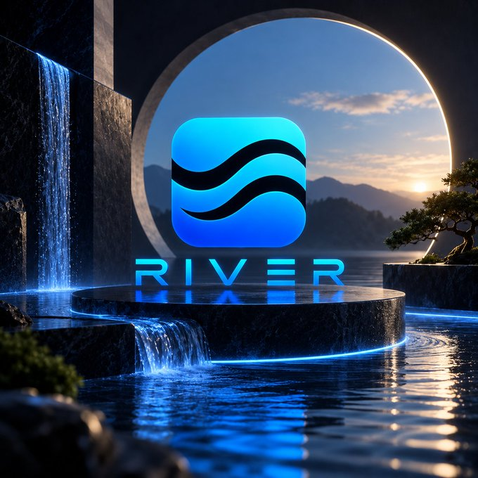 A 3D-rendered digital graphic displays a blue app icon with wave patterns above the word "RIVER," set in a stylized landscape with water features, a circular window showing a sunset, and a bonsai tree.