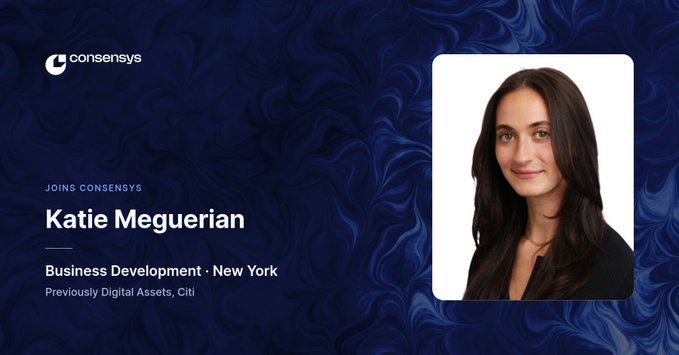 Consensys announces the addition of Katie Meguerian to its Business Development team in New York, having previously worked in Digital Assets at Citi. The image features a professional headshot of Katie alongside the Consensys logo and announcement text on a navy blue marbled background.