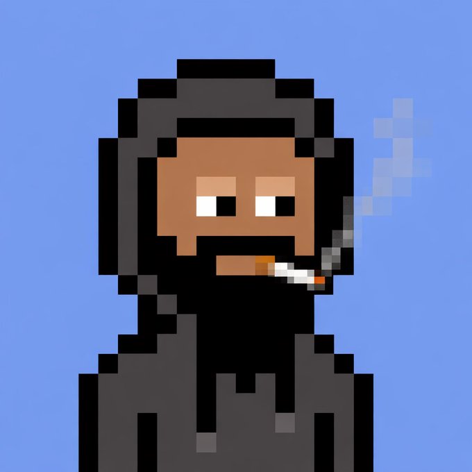 A pixel art illustration shows a hooded figure in a black robe smoking a cigarette against a blue background, with smoke rising from the lit end. The image's dark, mysterious aesthetic complements the post's casual "GM" (good morning) greeting request.