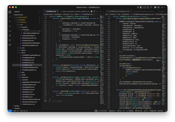 A screenshot of a code editor (VS Code) displaying Solidity smart contract files for the Quanta Pools project, including `DLMMFeeRouter/cap.sol`, `DLMMRouterAcceptanceTest.sol`, and `DLMMFactory.sol`, with visible code referencing "DLMMRouterV2", "DLMMFactory", "DLMMPool", and "BuybackExecutor"—aligning with the post's teaser about a major protocol upgrade involving $QUANTA's expanded role within the Quanta stack.