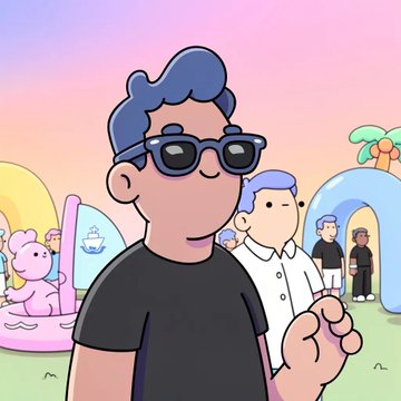 A cartoon illustration showing a man with dark skin, sunglasses, and blue hair in a black shirt in the foreground, with other characters and a pink bear visible in a colorful background.