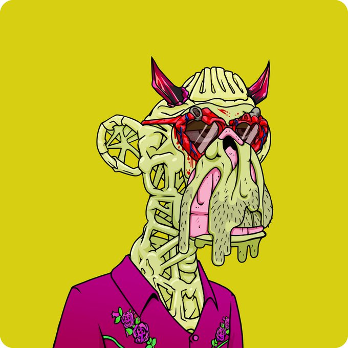 A stylized cartoon illustration of a grotesque, horned creature with bloodshot eyes wearing a magenta floral shirt against a yellow background.