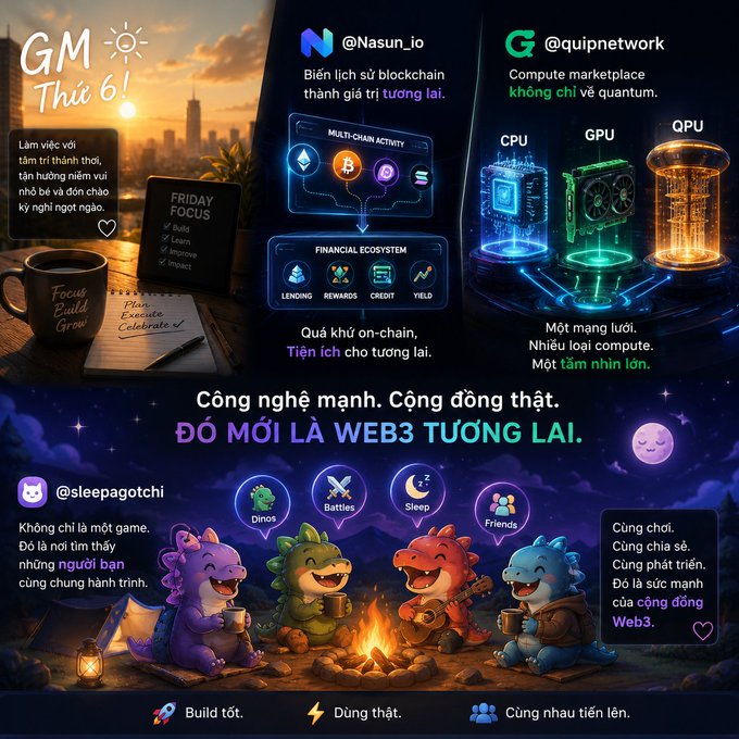 A Vietnamese-language Web3 promotional collage featuring @Nasun_io (multi-chain activity, financial ecosystem) and @quipnetwork (CPU/GPU/QPU compute marketplace) above a "STAY SAFE" Web3 community image, with Web3 messaging like "ĐÓ MỚI LÀ WEB3 TƯƠNG LAI." and "Build tốt. Đúng thật. Cùng nhau tiến lên."