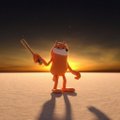 Small digital illustration of an orange, muppet-like character standing on a barren landscape while holding a sword.