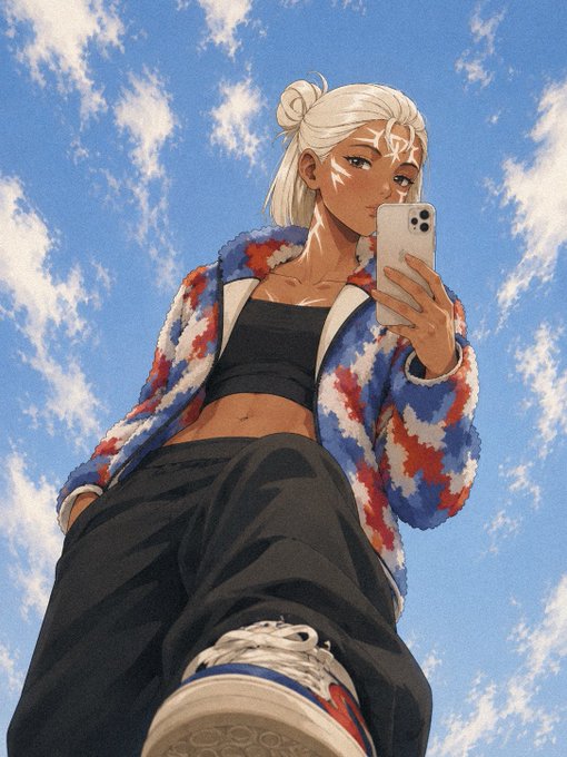 Anime-style digital illustration of a white-haired female character taking a selfie from a low angle against a cloudy blue sky, wearing a colorful patterned fleece jacket.