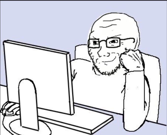 A simple line drawing meme of a bald man with glasses resting his chin on his hand while staring at a computer monitor, looking unimpressed.