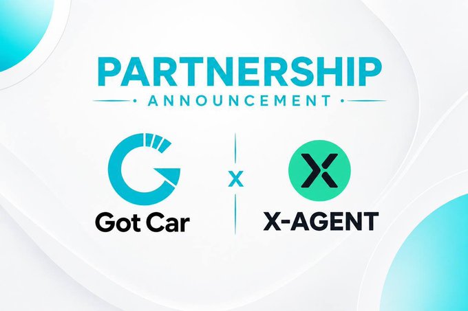 The image is a partnership announcement graphic with a clean white and teal background featuring decorative gradient circles. The bold header reads "PARTNERSHIP ANNOUNCEMENT," followed by two logos separated by an "x": Got Car (represented by a stylized teal "G" icon) and X-AGENT (displayed in a teal circular badge with an "X" symbol). This visual directly corresponds to the accompanying post celebrating a collaboration between Got Car and X-AGENT, visually symbolizing the union of real-world mobility solutions with autonomous AI agents in the Web3 and decentralized agent economy space.