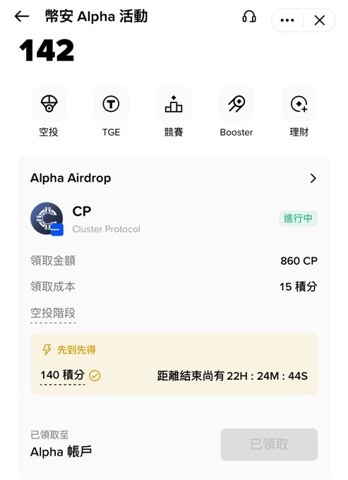A mobile app screen in Chinese showing an 'Alpha Airdrop' for 'CP Cluster Protocol' with 860 CP claimable for 15 points, and a countdown timer of 22H:24M:44S remaining.