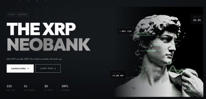 A promotional graphic for "THE XRP NEOBANK" featuring the Statue of David overlaid with digital trading graphics, highlighting "22% APY on idle XRP, On-chain custody, No lock-up" alongside a $0 fee structure and XRPL network branding. The image visually reinforces the Xora Finance message by showcasing the sleek, fintech-inspired branding that matches their pitch for on-chain yield earning through the XRP Ledger ecosystem.