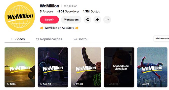 Screenshot of TikTok profile for "WeMillion" (@we_million) showing 4801 followers, 1.3M likes, and 3 following, with video thumbnails displaying view counts of 1704, 142.5K, 20.9K, 66.8K, and 647K, likely referencing the account being discussed in the post about crypto/narrative trading.