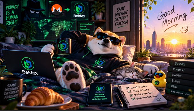 A relaxed Shiba Inu wearing sunglasses reclines with a cat, holding a Beldex mug, with a laptop displaying the Beldex logo, a checklist of features (Private AI, BelNet, BChat, BNS), and signs reading 'PRIVACY IS A HUMAN RIGHT' and 'SAME INTERNET DIFFERENT FREEDOM' against a sunrise city backdrop.