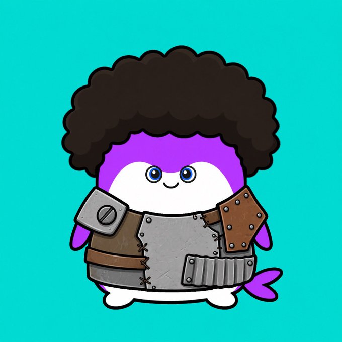 A cartoon illustration of a purple and white penguin character with an afro hairstyle wearing gray and brown medieval-style armor on a teal background.
