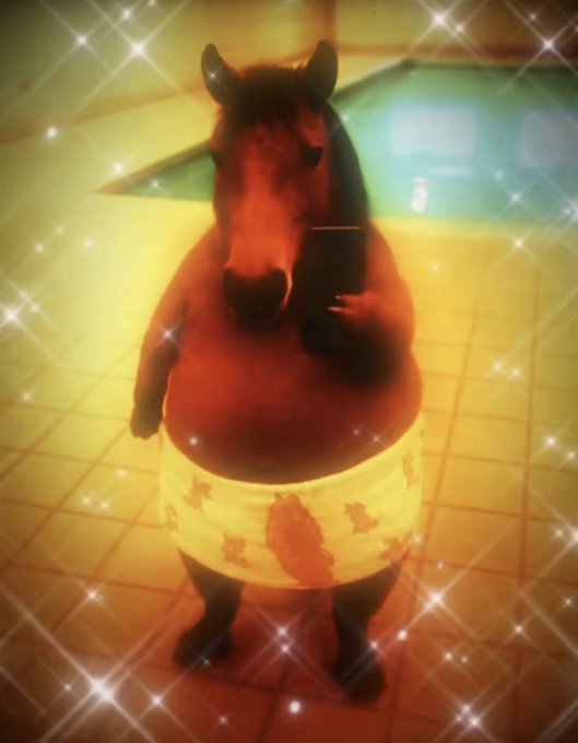 A horse standing on hind legs wearing a yellow shirt with brown spots, surrounded by a sparkly star filter effect in what appears to be a tiled room.