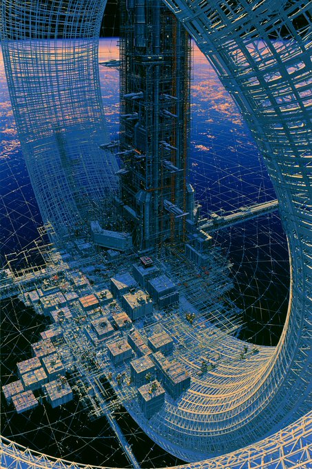 A massive futuristic space station or orbital megacity features a central skyscraper-like tower surrounded by intricate lattice structures and grid-patterned platforms, with a city block layout visible at its base set against the curved blue horizon of Earth. The "Gn" post likely refers to the genre's grand, galactic scale of this sci-fi architectural concept.