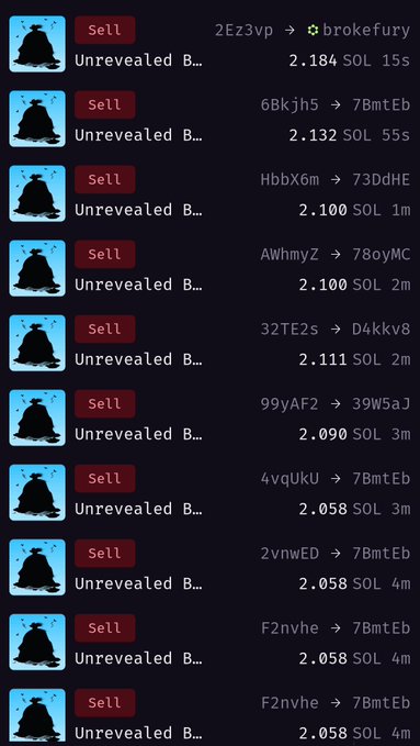 A list of Solana (SOL) token sale transactions on a trading platform, showing multiple 'Sell Unrevealed B...' orders from various wallet addresses with prices around 2.05-2.18 SOL and timestamps ranging from 15 seconds to 4 minutes.