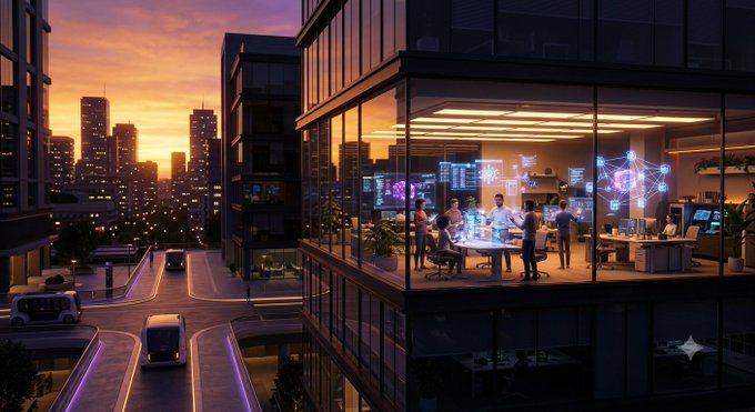 A futuristic cityscape at sunset shows a modern glass office building where people collaborate around glowing holographic data displays.