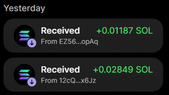 A mobile wallet notification shows two received Solana (SOL) transactions: +0.01187 SOL and +0.02849 SOL from yesterday.
