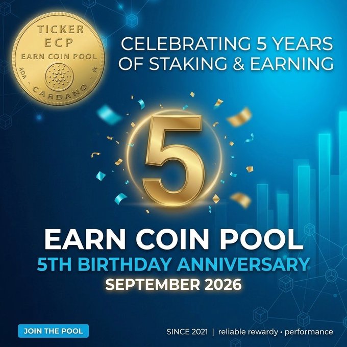 An advertisement for 'Earn Coin Pool' celebrating its 5th birthday anniversary in September 2026, featuring a gold Cardano ADA ticker coin and a large gold '5' on a blue background with confetti.