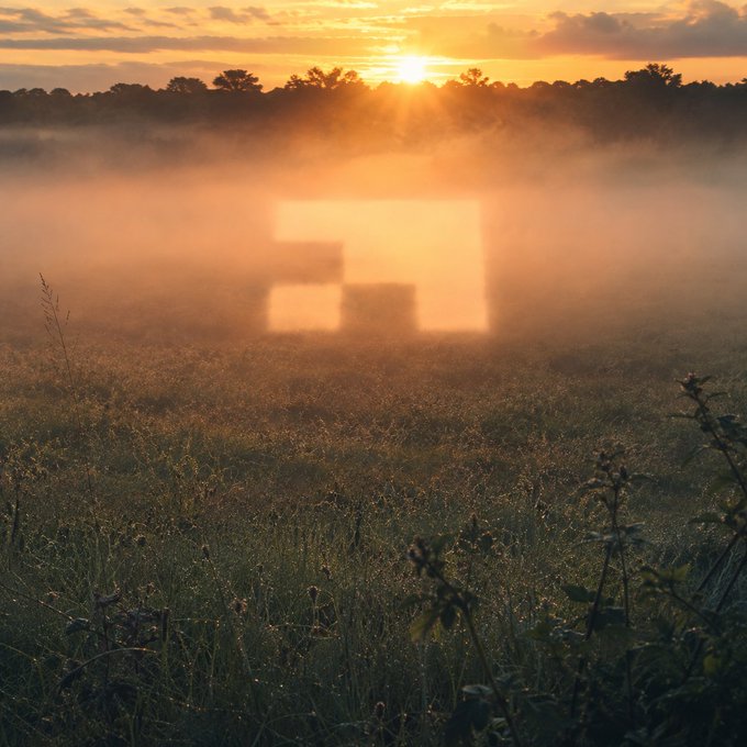 A misty sunrise or sunset over a grassy field with silhouetted trees on the horizon, featuring a geometric translucent square watermark in the center.