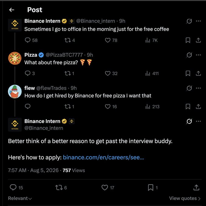 A screenshot of a social media post thread featuring a conversation between Binance Intern and Pizza, where Binance Intern jokes about the perks of free pizza and shares a job application link.