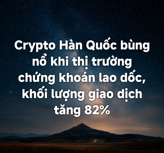 An image with Vietnamese text over a night sky and mountain landscape reading 'Crypto Hàn Quốc bùng nổ khi thị trường chứng khoán lao dốc, khối lượng giao dịch tăng 82%' (Korean crypto explodes as stock market plummets, trading volume increases 82%).