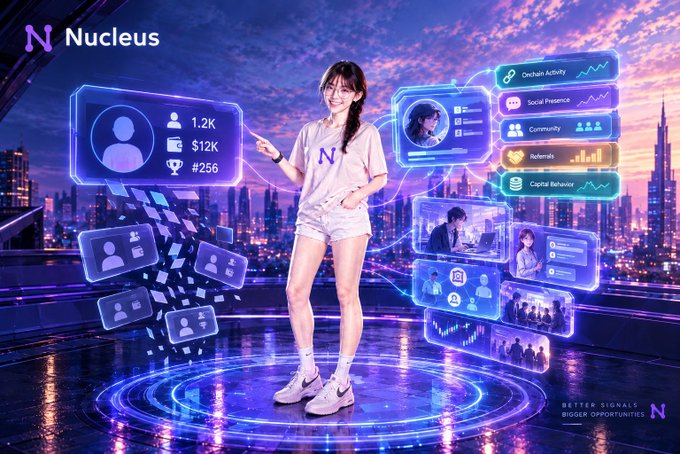A young woman stands in a futuristic cityscape wearing a 'Nucleus' t-shirt, surrounded by holographic data panels displaying social metrics and a profile.