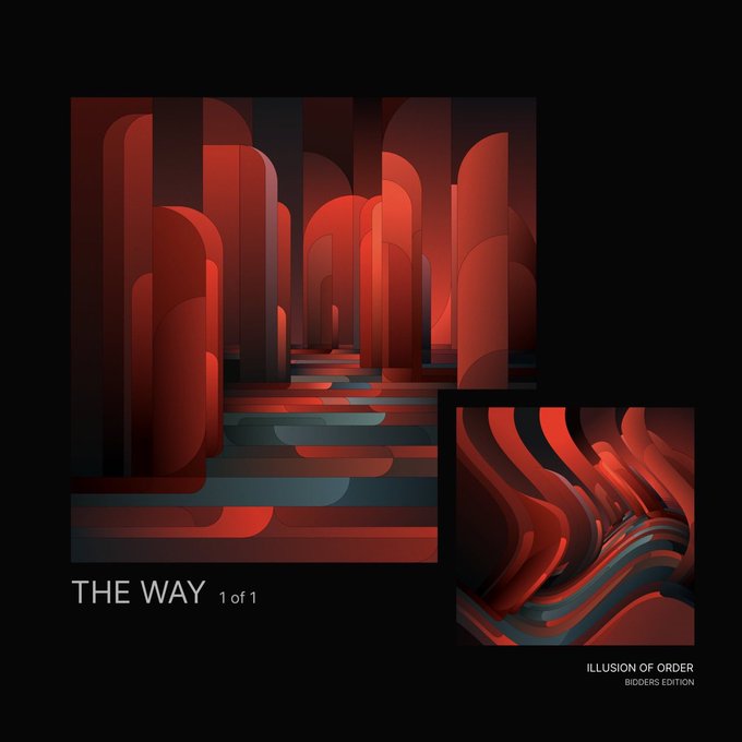 An album cover titled "THE WAY 1 of 1" with "ILLUSION OF ORDER" and "BIDOERS EDITION" text, displaying abstract red geometric pillars alongside a smaller inset of flowing red and blue wave-like shapes.
