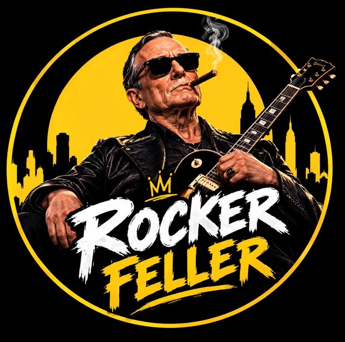A stylized illustration shows an older man in sunglasses smoking a cigar while holding a Les Paul-style electric guitar, with the text "ROCKER FELLER" and a crown logo in front of a city skyline.