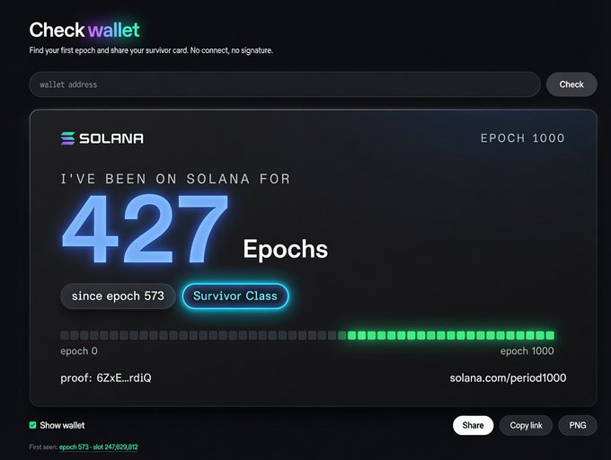 This image shows a Solana "Survivor Card" indicating the user has been on Solana for 427 Epochs since epoch 573, and is in the "Survivor Class" for epoch 1000. The card also displays a proof and a link to solana.com/period1000.