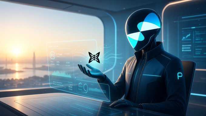 A futuristic digital illustration of a person in a sleek black and blue helmet suit interacting with a glowing holographic interface displaying a butterfly-like symbol, with a sunset cityscape in the background.