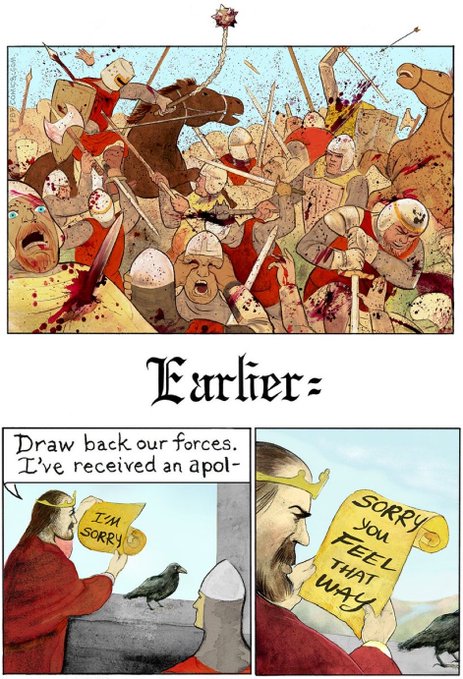 A medieval battle scene unfolds dramatically in a comic strip, with the top panel depicting fierce close combat while below, labeled "Earlier:", a king receives a sarcastic scroll reading "I'M SORRY" and "SORRY you FEEL THAT way," mirroring the dismissive tone of the accompanying post about appreciating fully onchain autonomous art on Ethereum despite being unable to perceive its beauty.