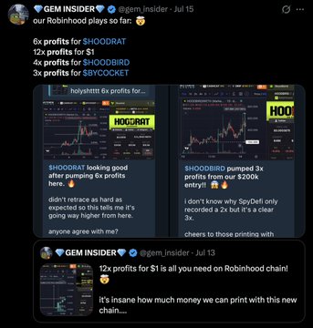 A Twitter/X post by "GEM INSIDER" (@gem.insider) titled "our Robinhood plays so far" lists crypto profits: 6x for $HOODRAT, 12x for $1, 4x for $HOODBIRD, and 3x profits for $BYVOCKET, accompanied by trading charts and a follow-up post boasting 12x profits for $1 on the new Robinhood chain.