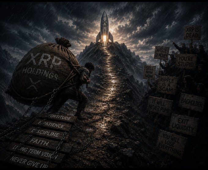 A lone figure carrying an "XRP HOLDINGS" bag climbs stone steps labeled with virtues like "FORTITUDE," "PATIENCE," and "NEVER GIVE UP" toward a rocket marked "XRP," while a crowd of shadowy figures holds protest signs reading "XRP IS DEAD," "YOU'RE STUPID," "RIPPLE IS A SCAM," and "EXIT LIQUIDITY." The image symbolizes an XRP investor persevering through widespread doubt and FUD on the path toward a bull run, mirroring the post's optimism about upcoming catalysts like Paul Atkins' announcement and the Clarity Act.