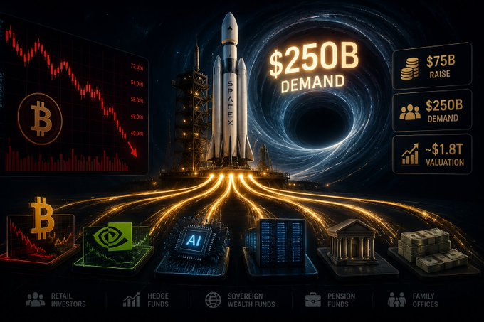 The image shows an advertisement for Bitcoin and a rocket ship launch from SpaceX, with the caption "What if the next Bitcoin dump has nothing to do with $BTC? Spacex's IPO demand has reportedly crossed $250B". The background features a black circle with some light blue lines inside it, which resembles the trajectory of the rocket. There are several Bitcoins in various colors and shapes scattered throughout the image.