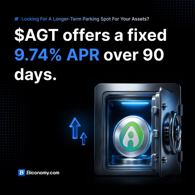 The image features an open safe with green and blue lights inside, possibly representing a cryptocurrency wallet or bank vault. The background includes black lines on various shades of gray, creating an industrial feel that matches the metallic surface of the safe's interior. Below these elements is text in white and gray about the fixed rate offered by SAGT, which could be related to Bitcoin, and states it can lock-in a 90 days APR without constant monitoring of market fluctuations.
