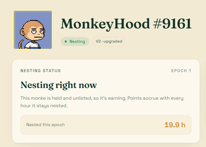 A profile page for 'MonkeyHood #9161' showing a pixel art monkey avatar, 'Nesting' status with 'V2 - upgraded' tag, and 'Nested this epoch: 19.9 h' under Epoch 1.