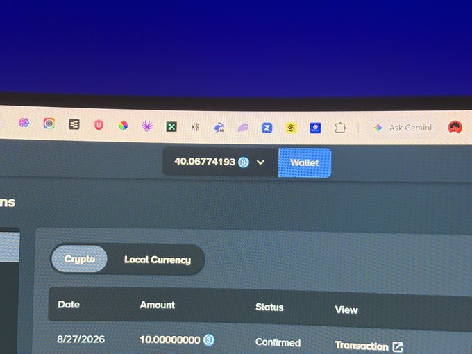 A screenshot of a crypto wallet interface showing a balance of 40.06774193 next to a 'Wallet' button, with a transaction record dated 8/27/2026 for an amount of 10.00000000 marked as 'Confirmed'.