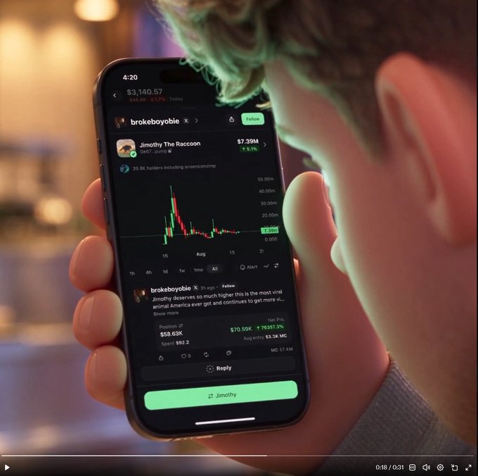 A person holding a smartphone showing a financial/trading app with a token called 'Jimothy The Raccoon' ($7.39M) featuring a candlestick chart and a tweet about its viral success.