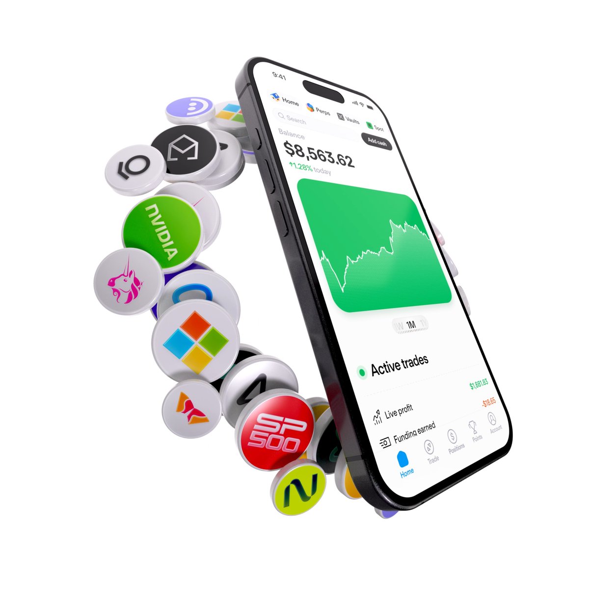 A smartphone displays the Dreamcash app showing a balance of $8,563.62 with +1.28% daily gain and active trades, surrounded by floating tokens for assets like NVIDIA, S&P 500, Uniswap, and Microsoft. The image illustrates the post's message by showcasing the platform's diverse trading offerings and user-controlled portfolio, emphasizing that unlike other apps, Dreamcash doesn't hold your funds.