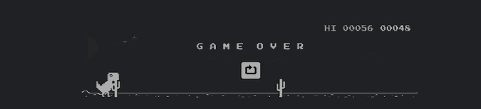 A pixelated Game Over screen shows a dinosaur character beside a cactus and bird, with the text "HI 00056 00048" in the upper right corner, fitting the retro dino game aesthetic of the JurassicFi post.