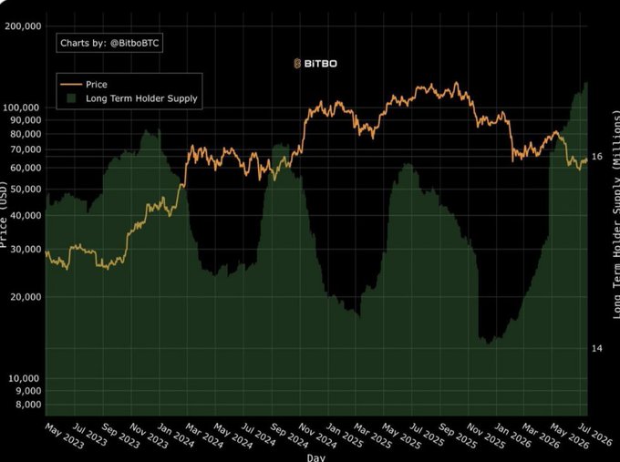 A Bitcoin chart from Bitbo by @BitboBTC spanning May 2023 to July 2026 shows the BTC price (orange line) plotted against Long-Term Holder Supply (green), with the long-term holder supply climbing to roughly 16 million BTC while price fluctuates between $20,000 and $100,000+—visually reinforcing the post's claim that "smart money" whales are accumulating aggressively even as the broader market stays uncertain.
