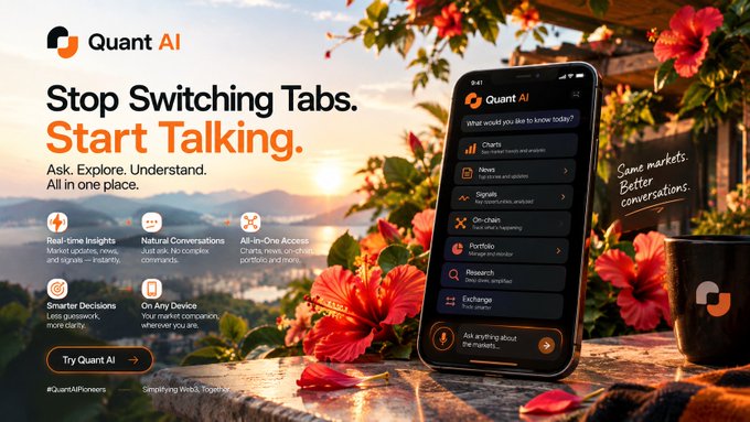 Advertisement for 'Quant AI' mobile app with the tagline 'Stop Switching Tabs. Start Talking,' featuring a smartphone displaying market analysis tools against a scenic background with flowers.
