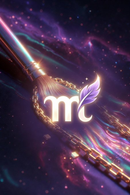 An artistic, fantasy-style image featuring a glowing 'mt' logo with a feather quill and a paintbrush, set against a vibrant purple and pink cosmic background with golden chains.