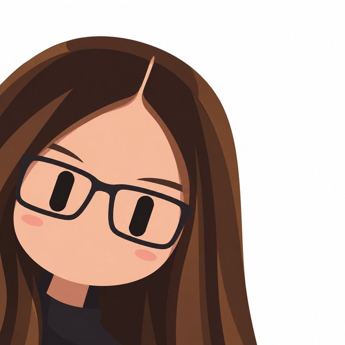 A cartoon illustration of a girl with brown hair and black glasses with a neutral expression.